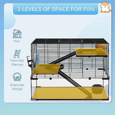 PawHut Hamster Cage, 31inch Gerbil Cage with Glass Basin for Small Hamsters