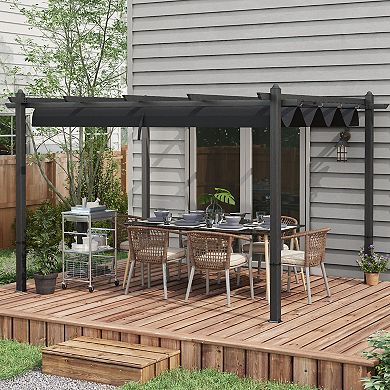Outsunny 10'x13' Retractable Pergola With Wood Grain Aluminum Frame