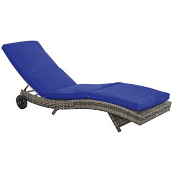 Outdoor Reclining Lounge Chair, Pe Wicker, Rolling Wheels, Patio, Dark Blue