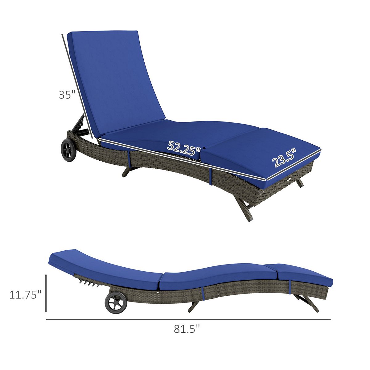 Dark outdoor PE rattan chaise lounge chair dimensions diagram