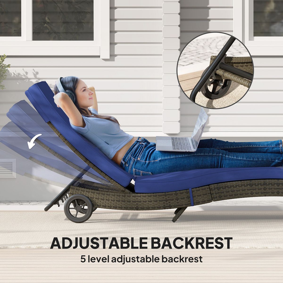Adjustable backrest outdoor chaise lounge chair with 5-level recline