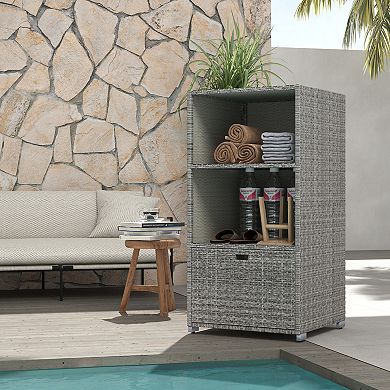 Outsunny Pe Rattan Pool Towel Rack With 2 Storage Shelves Basket Mixed