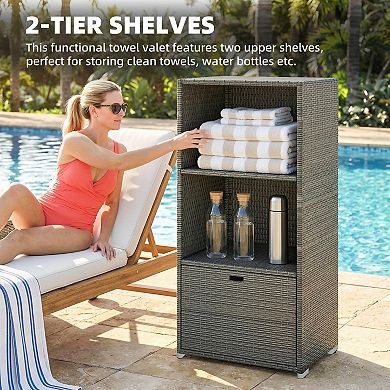Outsunny PE Rattan Pool Towel Rack with 2 Storage Shelves Basket,