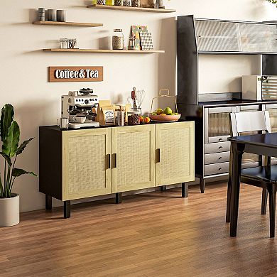 Homcom Sideboard Buffet Cabinet, 3 Rattan Doors & Adjustable Shelves