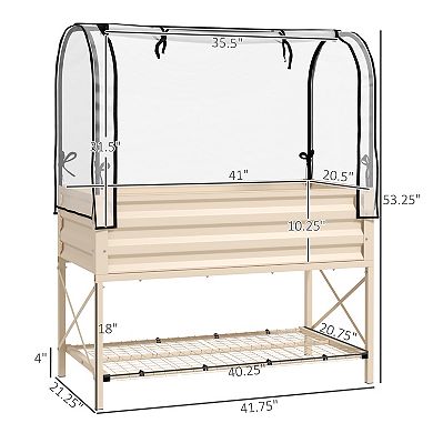 Outsunny Metal Raised Garden Bed with Legs, Cover, and Storage Shelf, Cream