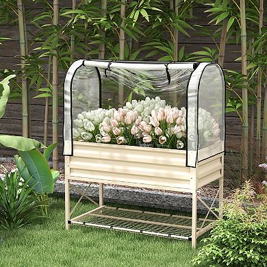 Outsunny Metal Raised Garden Bed with Legs, Cover, and Storage Shelf, Cream