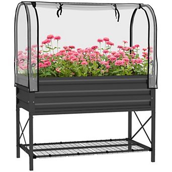 Outsunny Metal Raised Garden Bed With Legs, Cover, And Storage Shelf