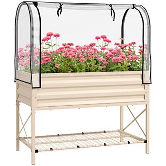 Outsunny Metal Raised Garden Bed With Legs, Cover, And Storage Shelf