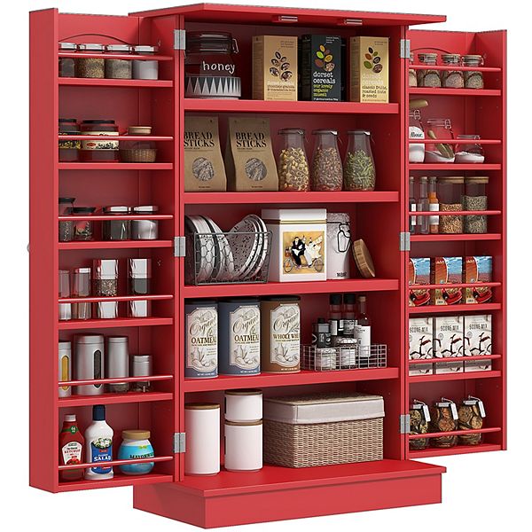 Homcom Kitchen Pantry Storage Cabinet W/ 5-tier Shelving, 12 Spice Racks - Red