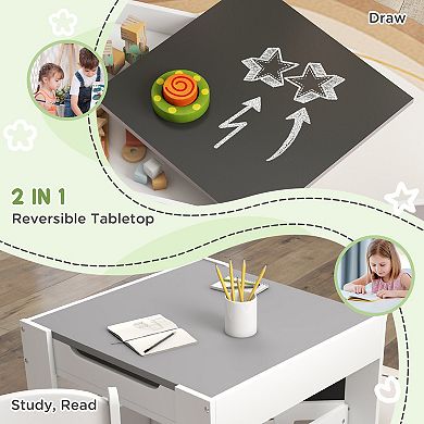 Qaba 3PCs Kids Table and Chair Set with Blackboard & Storage,