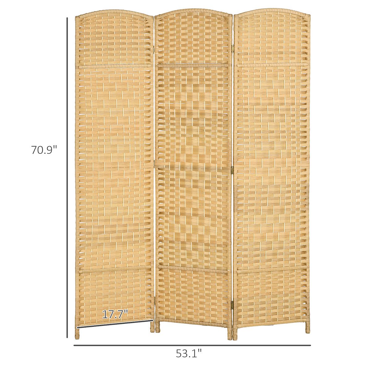 Room divider dimensions shown for 3-panel folding divider in natural wood.