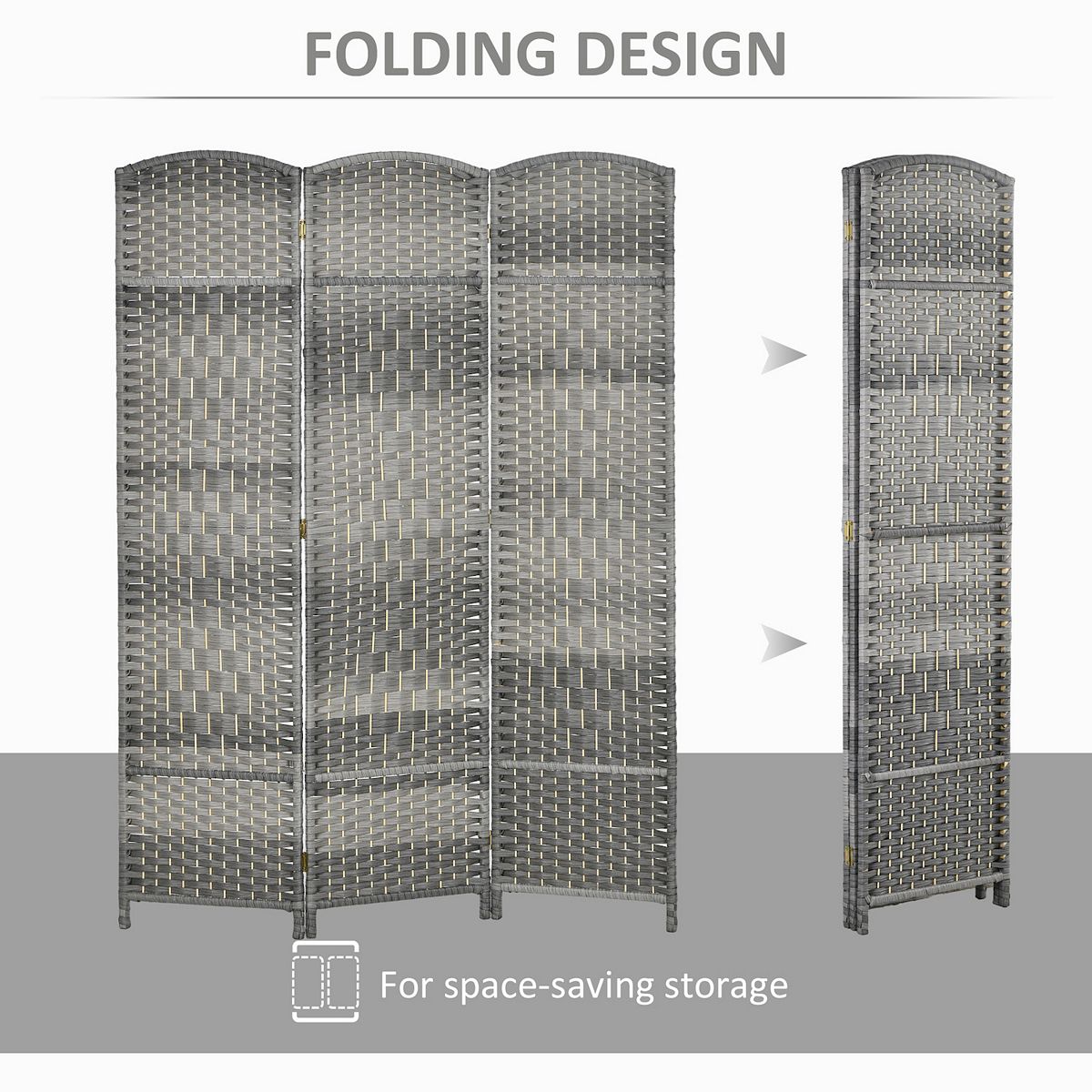 Folding design for 3-panel room divider with space-saving storage.