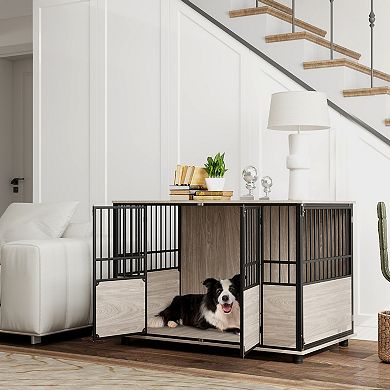 Pawhut Dog Crate Furniture, Decorative Dog Kennel End Table W/ Double Doors