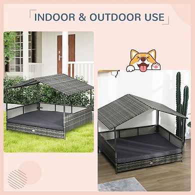 PawHut Outdoor Wicker Dog House Dog Bed W/ Canopy Cushion
