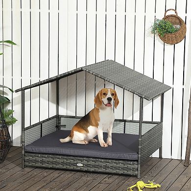 PawHut Outdoor Wicker Dog House Dog Bed W/ Canopy Cushion