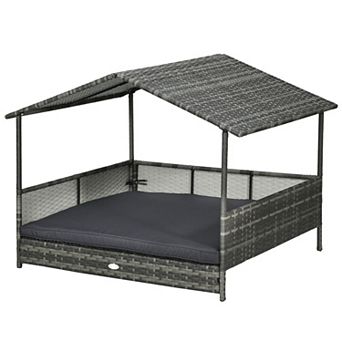 PawHut Outdoor Wicker Dog House Dog Bed W/ Canopy Cushion