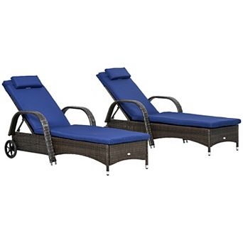 Outdoor 2 Pe Rattan Sun Bathing Chairs W/ Cushions & Pillows