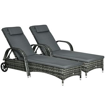 Outdoor 2 Pe Rattan Sun Bathing Chairs W/ Cushions & Pillows