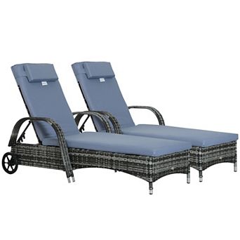 Outdoor 2 pc Reclining Chaise Lounge Chairs With Wheels
