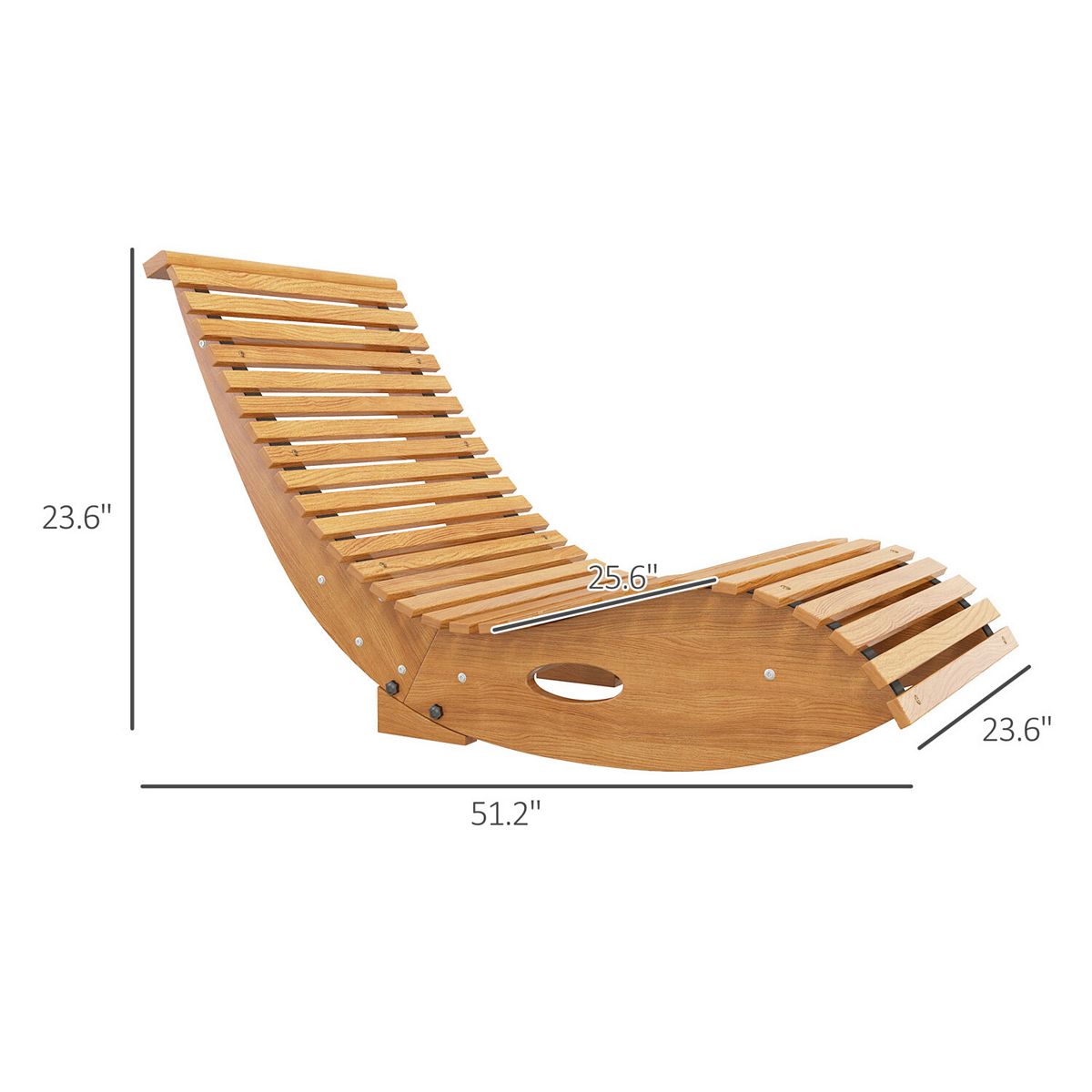 Slatted wooden rocking chair with labeled dimensions.