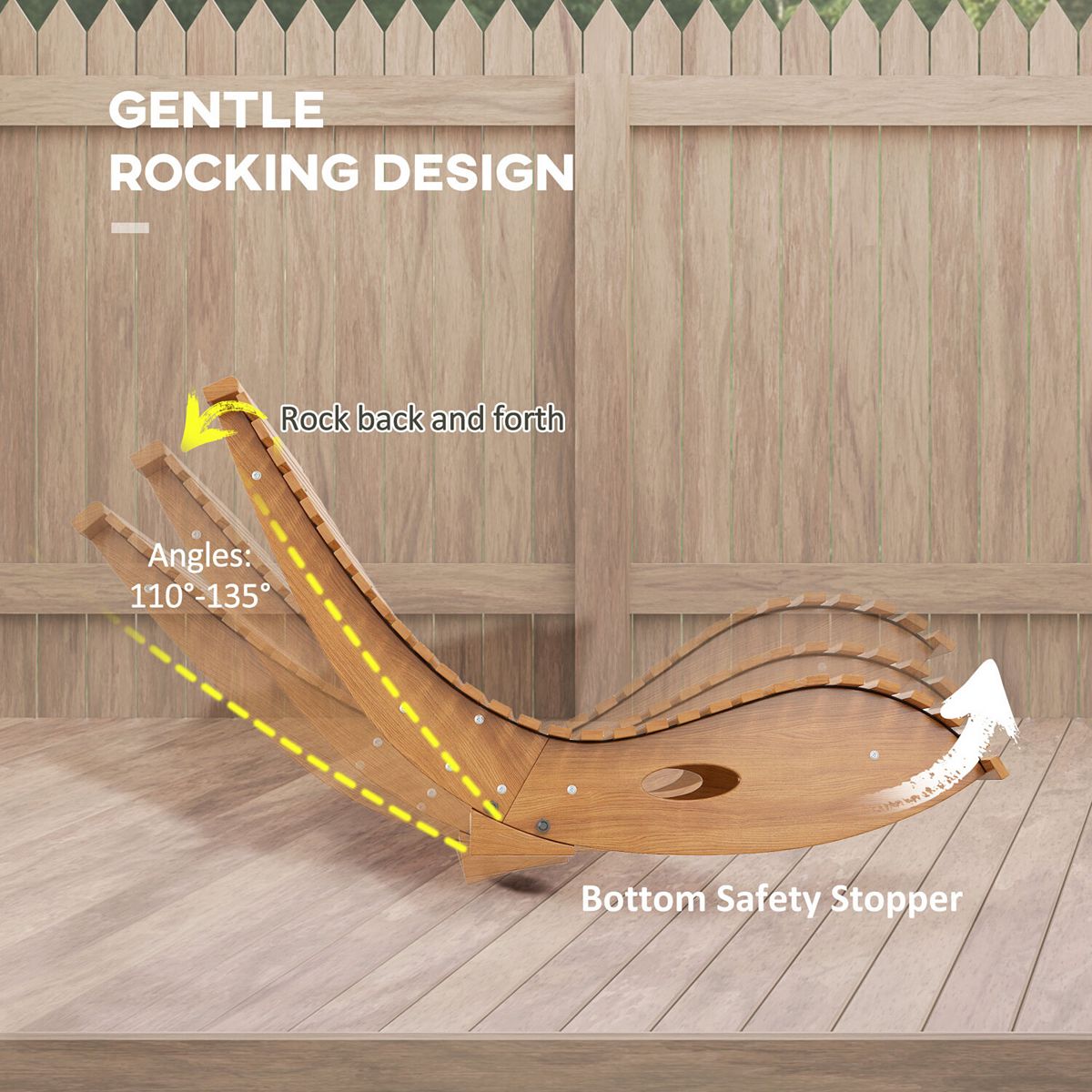 Wooden outdoor rocking chair showing rocking motion angles and safety stopper.
