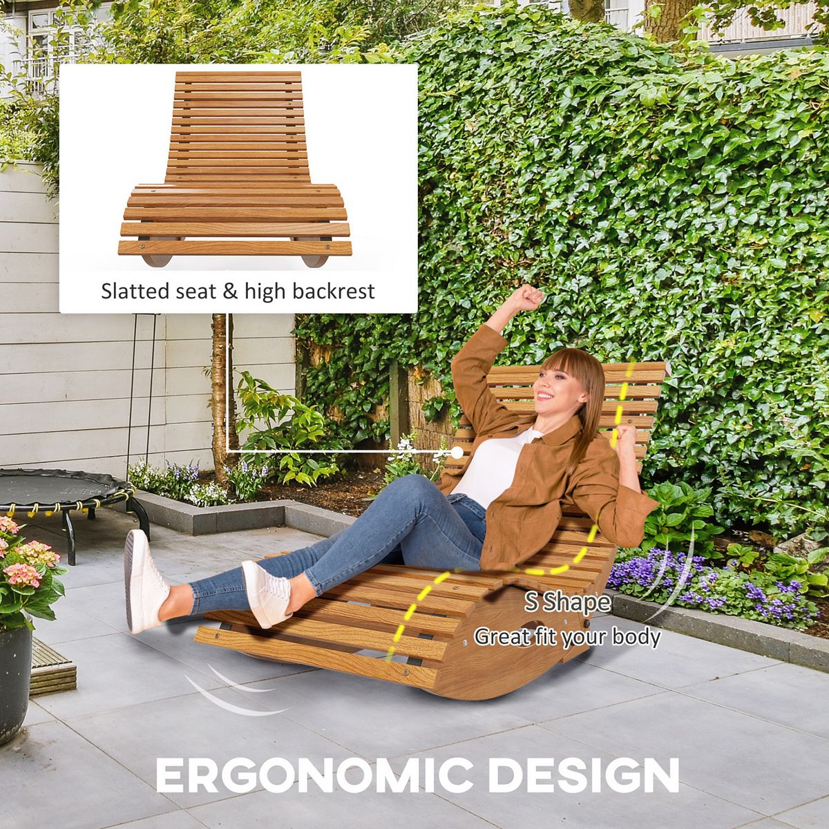 Outdoor slatted wooden rocking chair with ergonomic curved design.