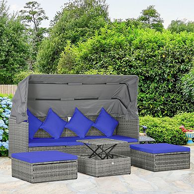 4-pc Patio Rattan Wicker Sofa Set Coffee Table Set W/ Cushions Dark Blue