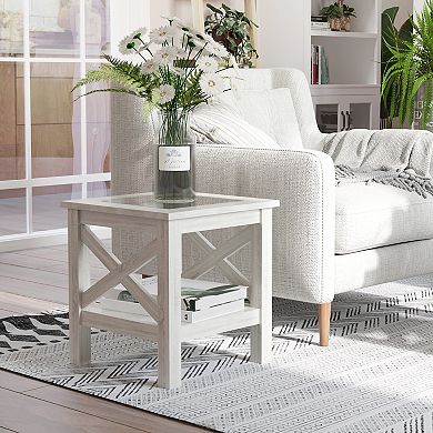 Cottage Style Living Room Media Console Table With Bottom Storage Shelf & X Bar