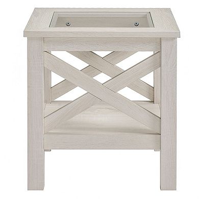 Cottage Style Living Room Media Console Table With Bottom Storage Shelf & X Bar