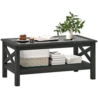 Cottage Style Living Room Media Console Table With Bottom Storage Shelf & X Bar