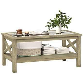 Cottage Style Living Room Media Console Table With Bottom Storage Shelf & X Bar
