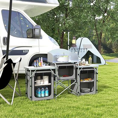Outsunny Folding Camping Kitchen With Windshield Fabric Cupboards