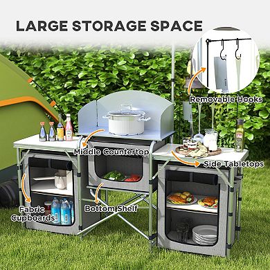 Outsunny Folding Camping Kitchen With Windshield Fabric Cupboards