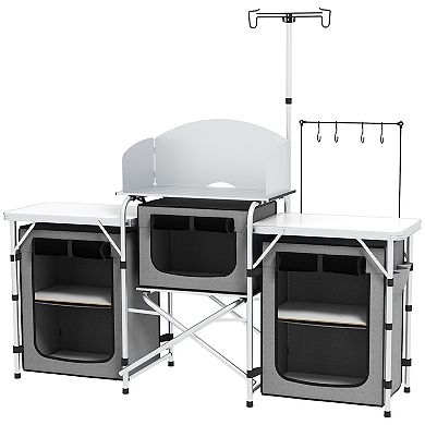 Outsunny Folding Camping Kitchen With Windshield Fabric Cupboards