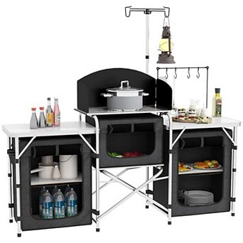 Outsunny Folding Camping Kitchen With Windshield Fabric Cupboards