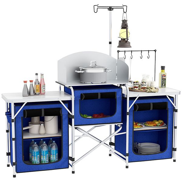Outsunny Folding Camping Kitchen With Windshield Fabric Cupboards - Blue