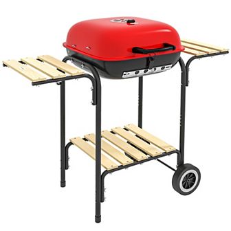 Outsunny Portable Charcoal Grill W/ Wheels Storage, Shelves, 2 Tables, Red
