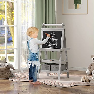 Qaba Easel For Kids W/ Paper Roll, Whiteboard Chalkboard
