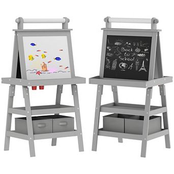 Qaba Easel For Kids W/ Paper Roll, Whiteboard Chalkboard