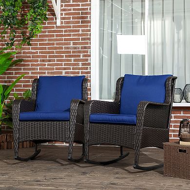 2 Pcs Outdoor Pe Rattan Rocking Chairs, Wicker Porch Rockers W/ Cushions