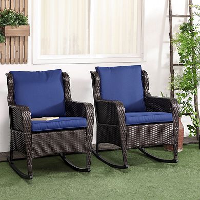 2 Pcs Outdoor Pe Rattan Rocking Chairs, Wicker Porch Rockers W/ Cushions