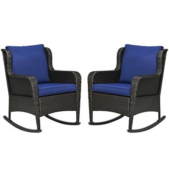 2 pc Outdoor Pe Rattan Rocking Chairs, Wicker Porch Rockers W/ Cushions
