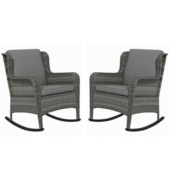 2 pc Outdoor Pe Rattan Rocking Chairs, Wicker Porch Rockers W/ Cushions