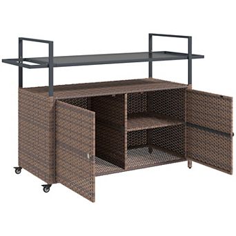 Outsunny Wicker Outdoor Bar Table with 2 tier Shelf & Cabinet
