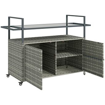 Outsunny Wicker Outdoor Bar Table with 2 tier Shelf & Cabinet