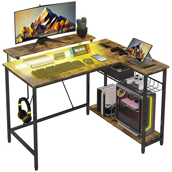 Homcom Reversible L Shaped Desk With Lights Power Outlet Usb Ports - Rustic Brown