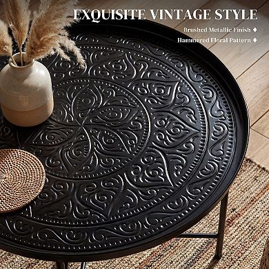 HOMCOM 24" Round Coffee Table with Hammered Tray Top & Metal Frame,