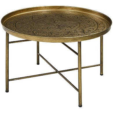 Homcom 24" Round Coffee Table With Hammered Tray Top & Metal Frame