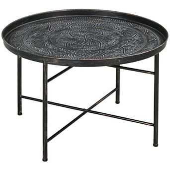 Homcom 24" Round Coffee Table With Hammered Tray Top & Metal Frame