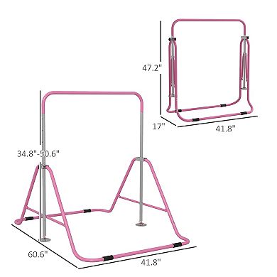 Qaba Folding Gymnastics Bar for Kids, Adjustable Height, Bubble Gum